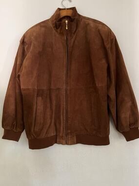 Pelle Jacket Mens M Brown Suede Leather Bomber Ribbed Full Zip Lined Korea Flaw